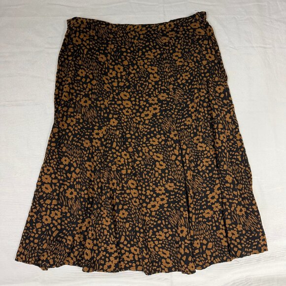 Vintage Brown Floral Midi Skirt | Flowy A-Line Pleated Boho Cottagecore - Picture 1 of 5